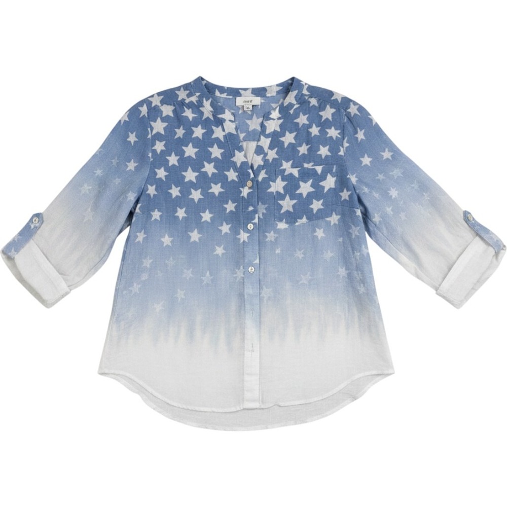 Fyve Blouse Womens PL Blue V Neck 3/4 Roll Tab Star Print Ombre Patriotic Top